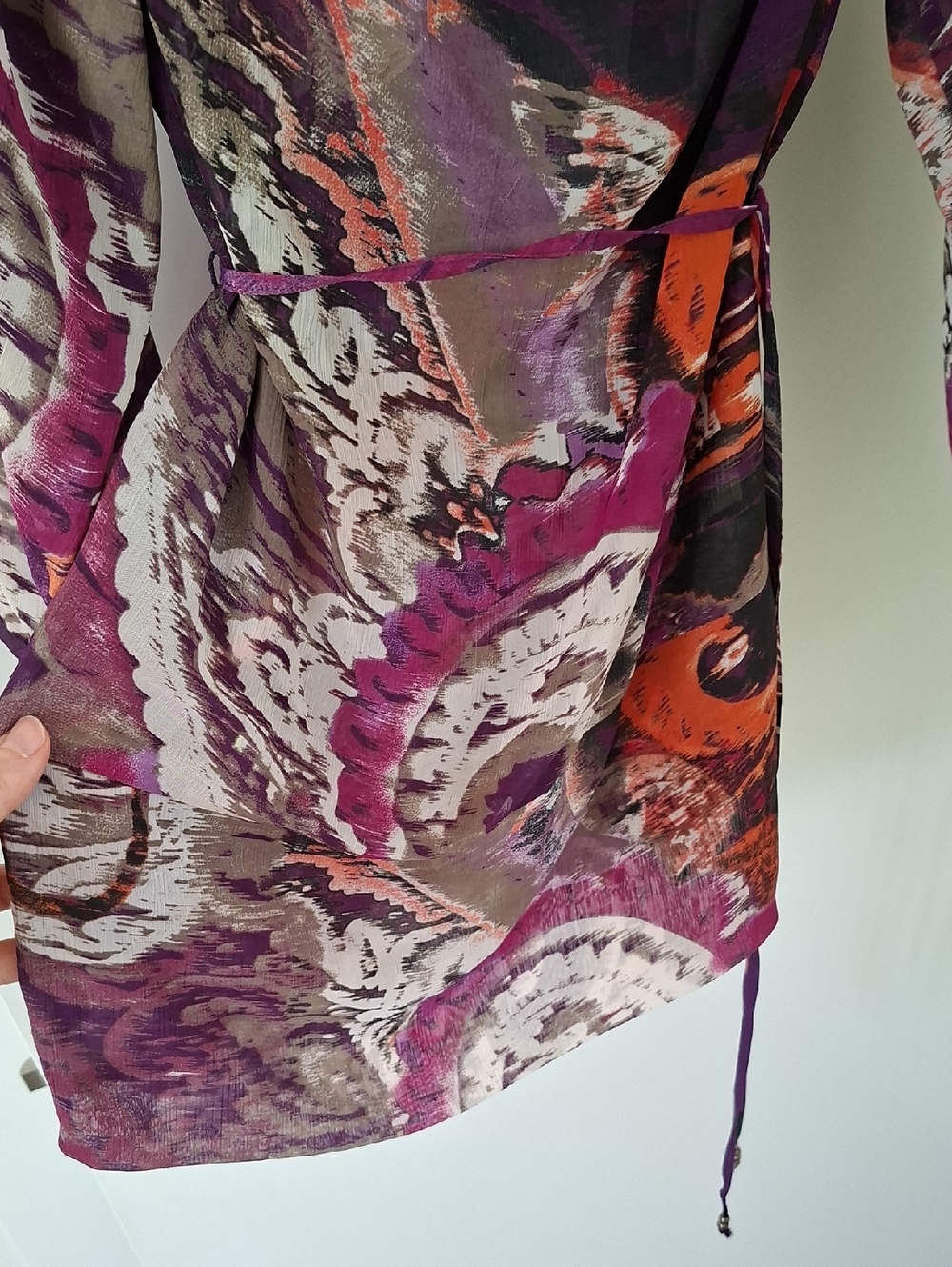 Olsen Purple & Orange Sheer Cowl-neck Balloon-sleeve Tie-waist Tunic (Size M) - Picture 5 of 7